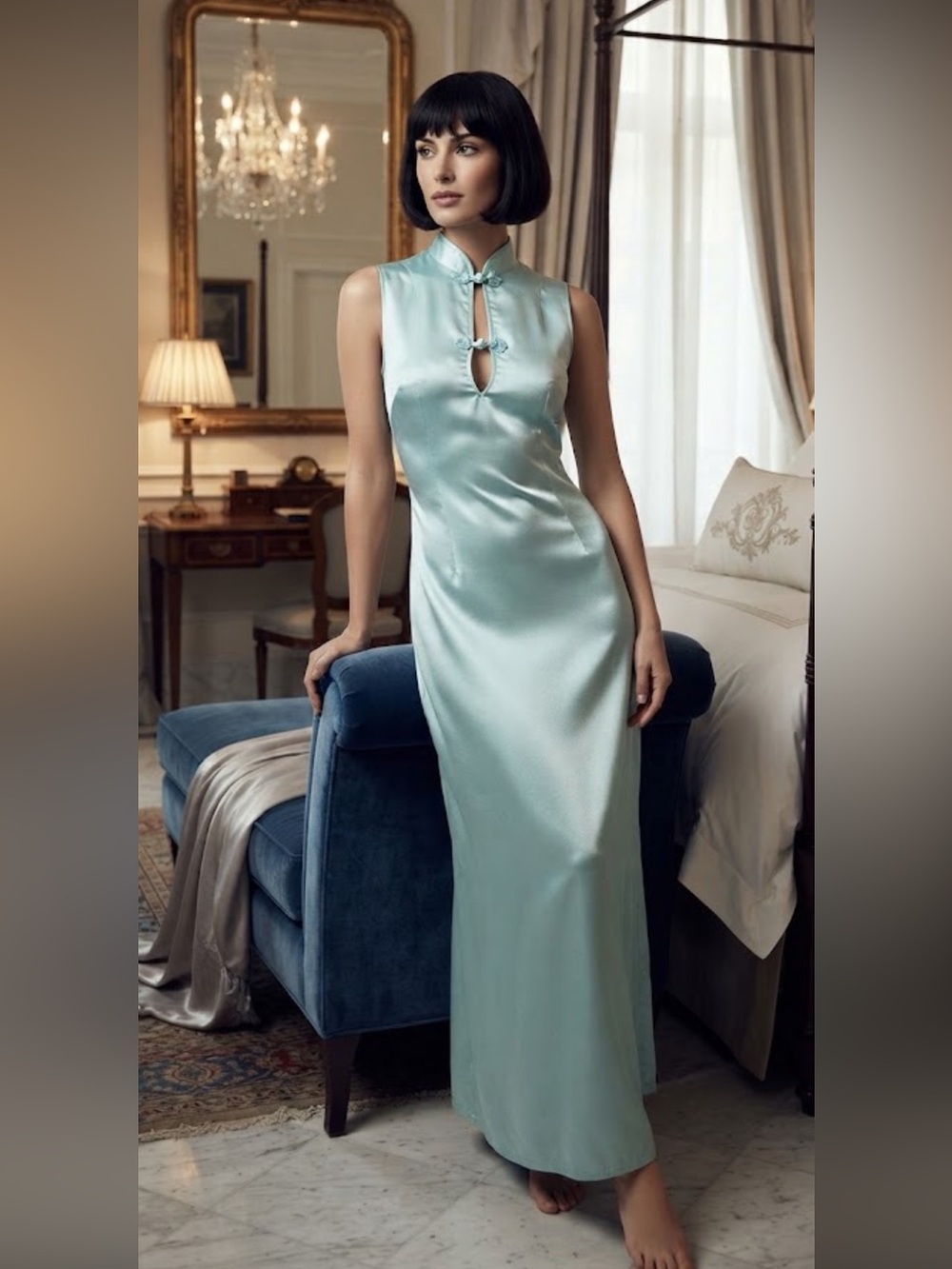 Vintage Eve Stillman Aqua Silk Softly Mandarin Collar Nightgown
